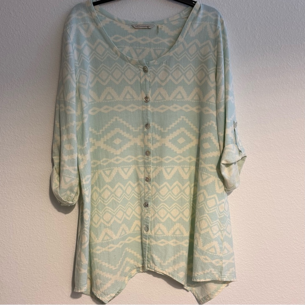 Soft Surroundings 100% Linen Mint Blue & Cream Tunic, Mother of Pearl Buttons, L